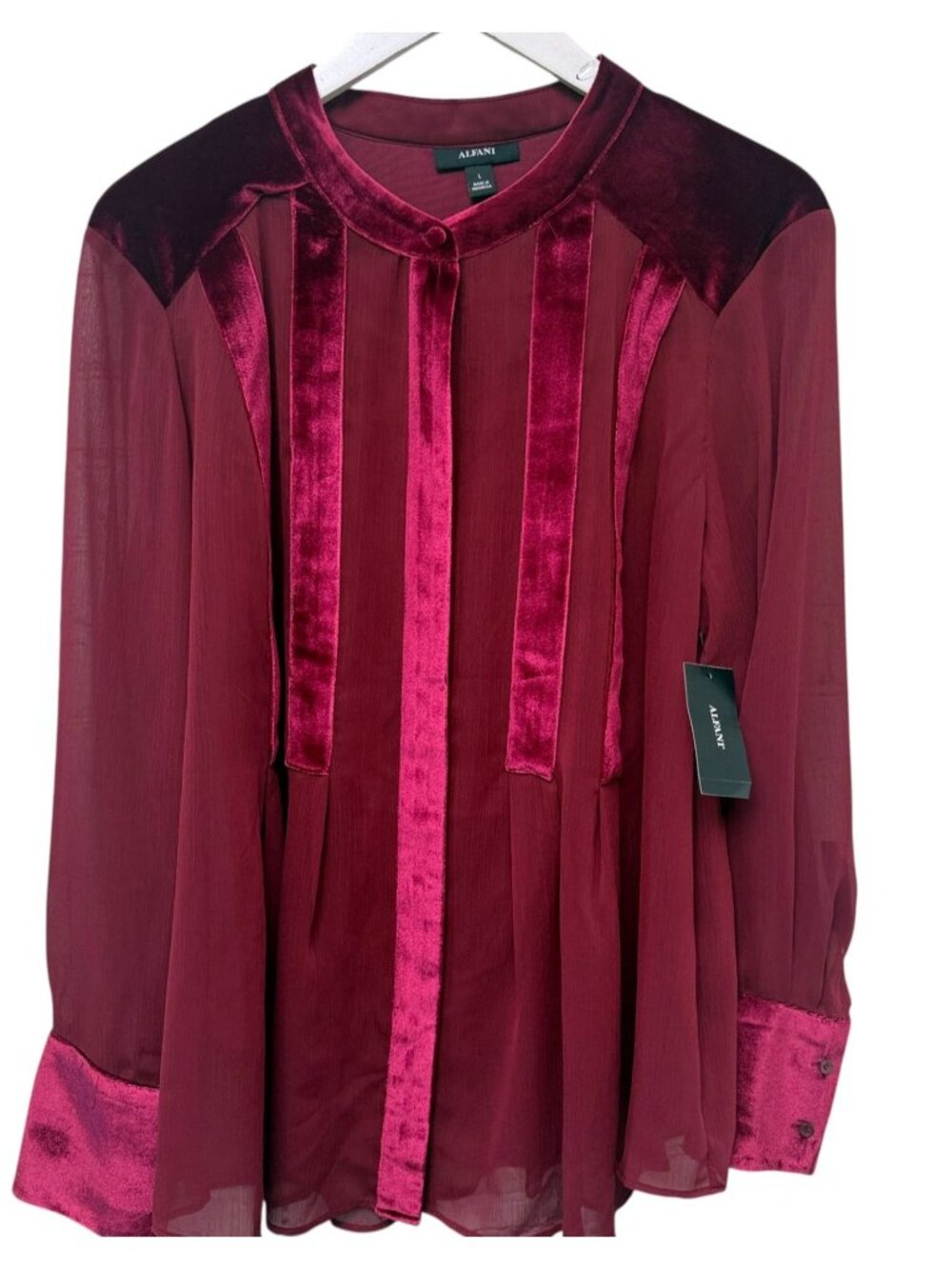 Alfani Velvet Tunic Top  Large Burgundy Red Holiday Chiffon Blouse with Tank NWT